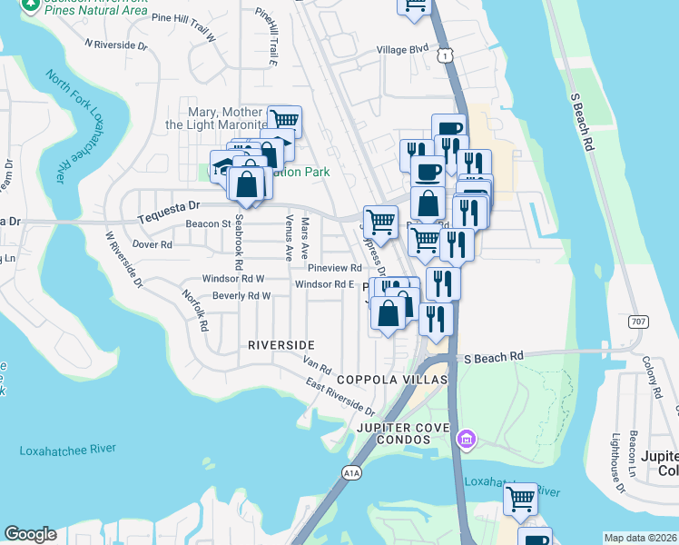 map of restaurants, bars, coffee shops, grocery stores, and more near 110 Pineview Road in Jupiter