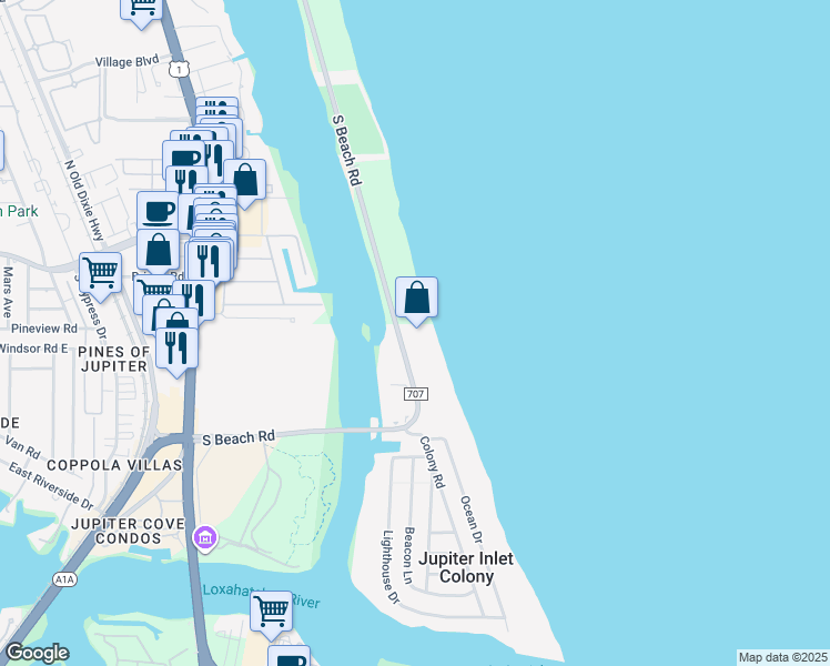 map of restaurants, bars, coffee shops, grocery stores, and more near 400 South Beach Road in Tequesta