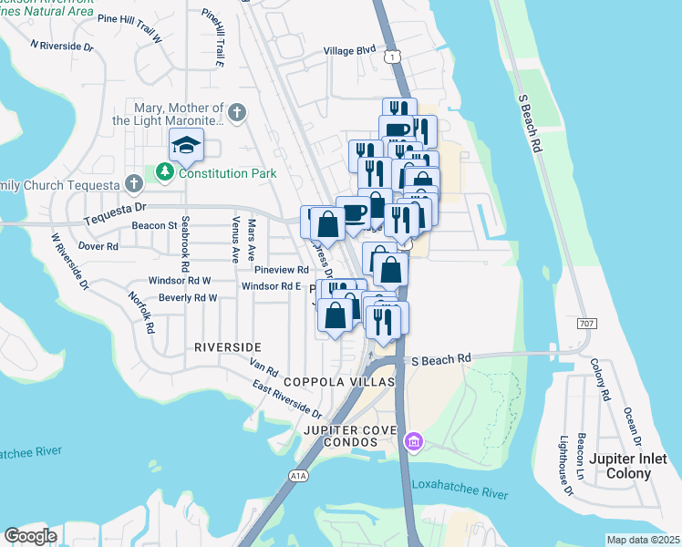 map of restaurants, bars, coffee shops, grocery stores, and more near 350 South Cypress Drive in Tequesta