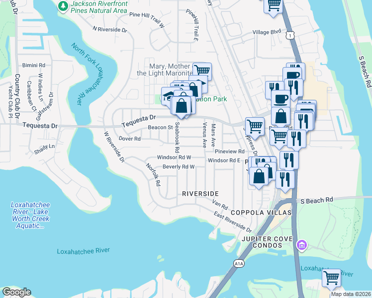 map of restaurants, bars, coffee shops, grocery stores, and more near 367 Franklin Road in Jupiter