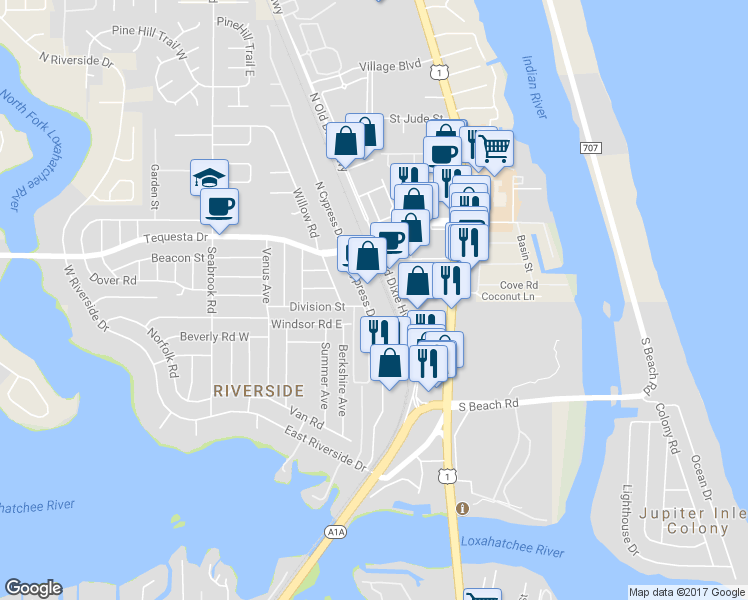 map of restaurants, bars, coffee shops, grocery stores, and more near 350 South Cypress Drive in Tequesta