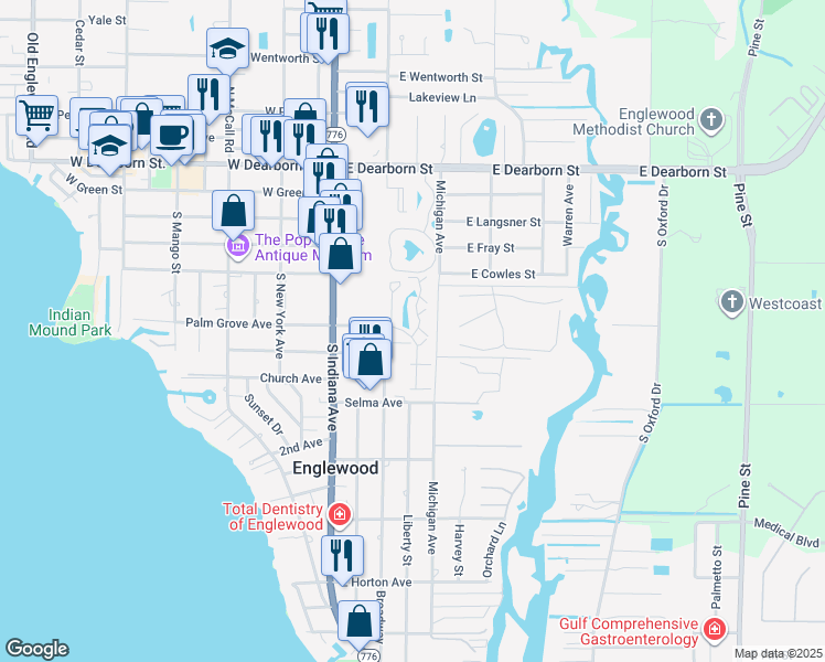 map of restaurants, bars, coffee shops, grocery stores, and more near 6 Quails Run Boulevard in Englewood