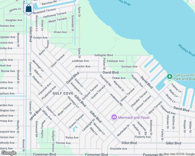 map of restaurants, bars, coffee shops, grocery stores, and more near 5121 Churchill Road in Port Charlotte
