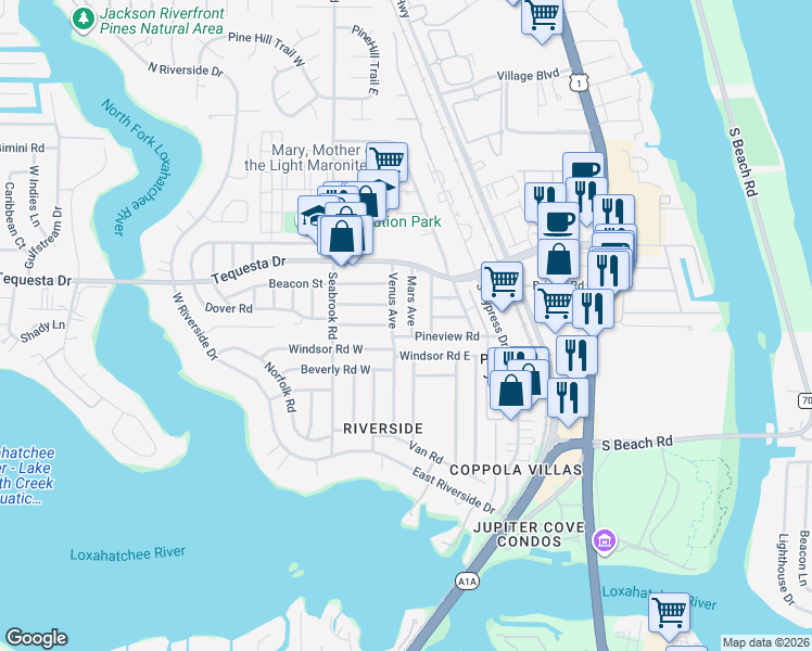 map of restaurants, bars, coffee shops, grocery stores, and more near 353 Mars Avenue in Tequesta