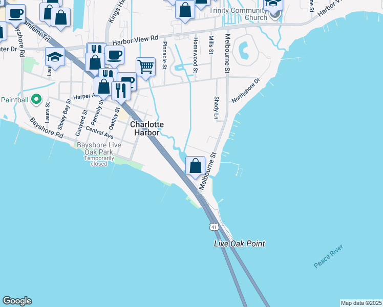 map of restaurants, bars, coffee shops, grocery stores, and more near 5123 Melbourne Street in Port Charlotte