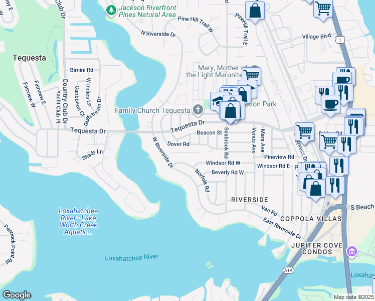 map of restaurants, bars, coffee shops, grocery stores, and more near 217 River Terrace Drive in Jupiter