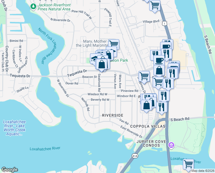 map of restaurants, bars, coffee shops, grocery stores, and more near 367 Franklin Road in Jupiter