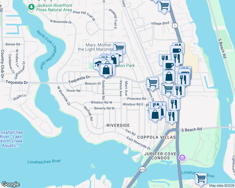 map of restaurants, bars, coffee shops, grocery stores, and more near 367 Franklin Road in Jupiter