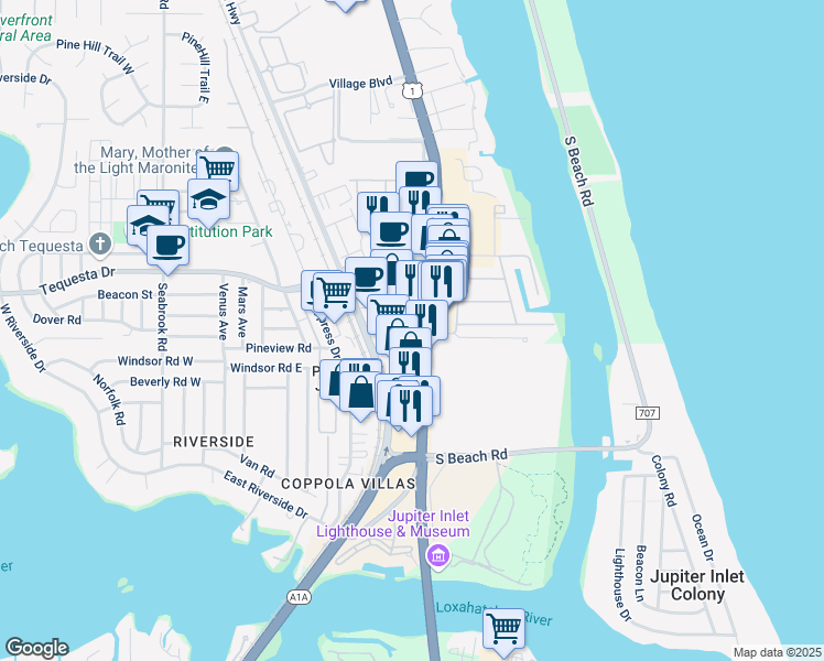 map of restaurants, bars, coffee shops, grocery stores, and more near 218 U.S. 1 in Tequesta
