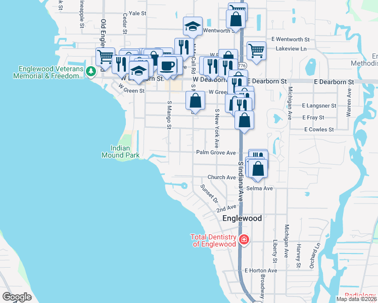 map of restaurants, bars, coffee shops, grocery stores, and more near 224 Palm Grove Avenue in Englewood
