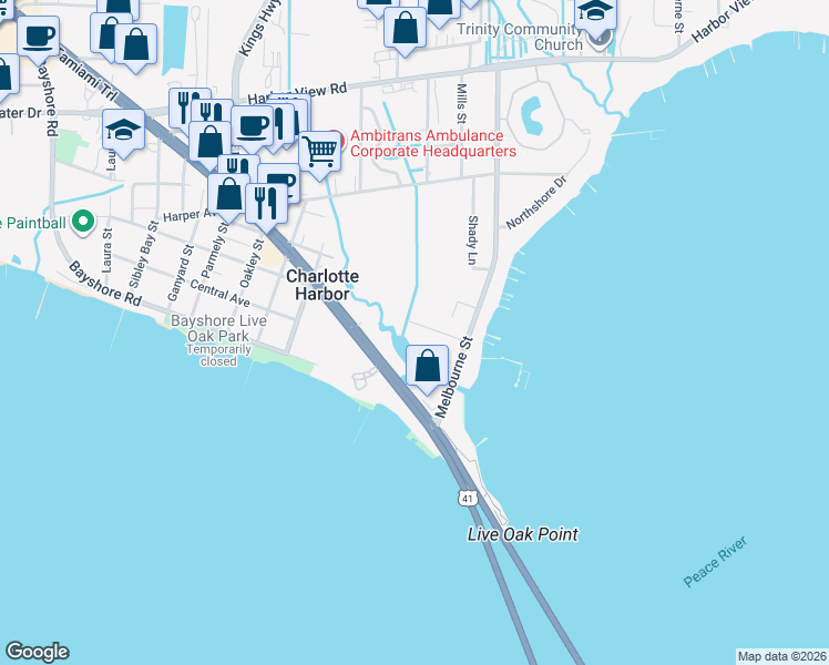 map of restaurants, bars, coffee shops, grocery stores, and more near 5123 Melbourne Street in Port Charlotte