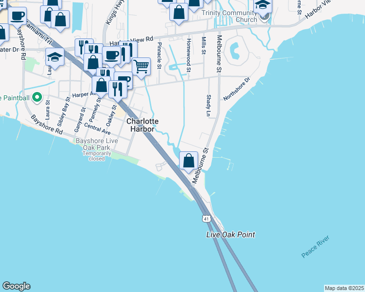 map of restaurants, bars, coffee shops, grocery stores, and more near 5123 Melbourne Street in Port Charlotte
