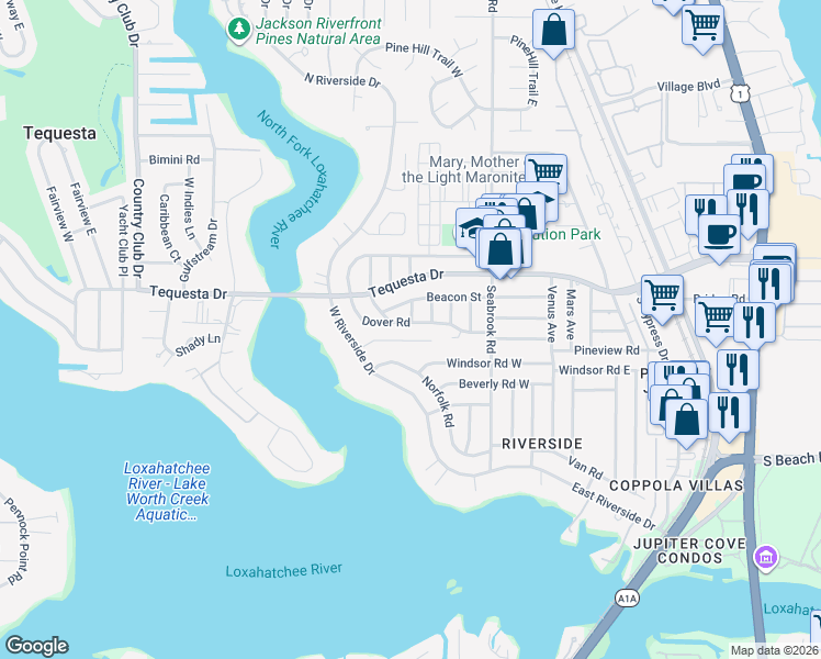 map of restaurants, bars, coffee shops, grocery stores, and more near 217 River Terrace Drive in Jupiter