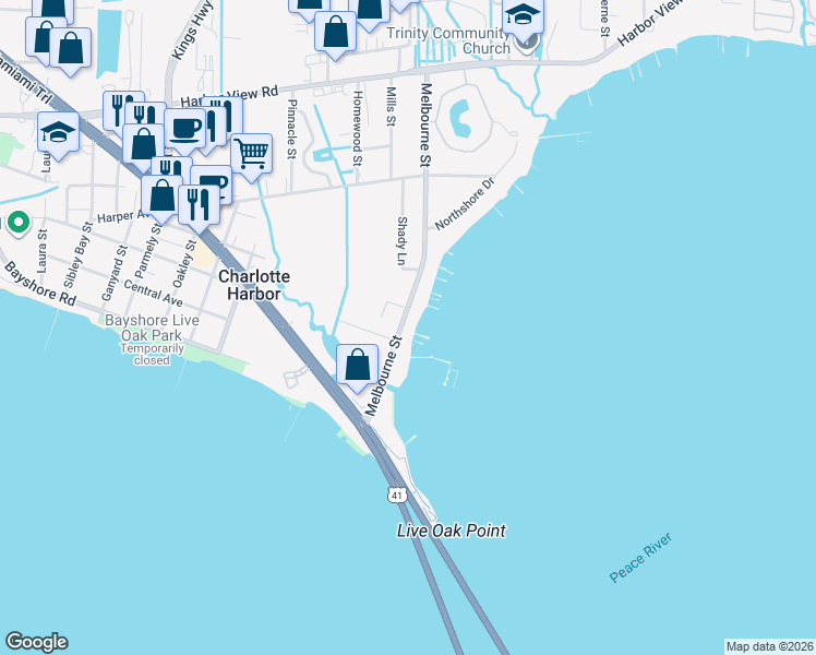 map of restaurants, bars, coffee shops, grocery stores, and more near 5074 Melbourne Street in Port Charlotte
