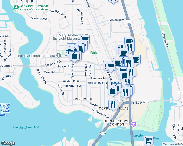 map of restaurants, bars, coffee shops, grocery stores, and more near 353 Mars Avenue in Tequesta