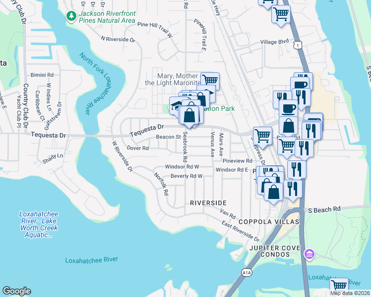 map of restaurants, bars, coffee shops, grocery stores, and more near 268 Seabrook Road in Tequesta