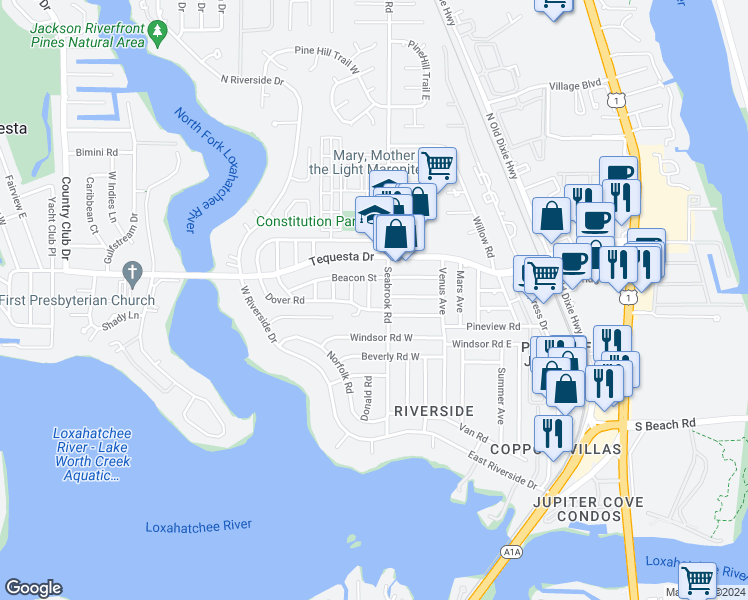 map of restaurants, bars, coffee shops, grocery stores, and more near 360 Cedar Avenue in Jupiter
