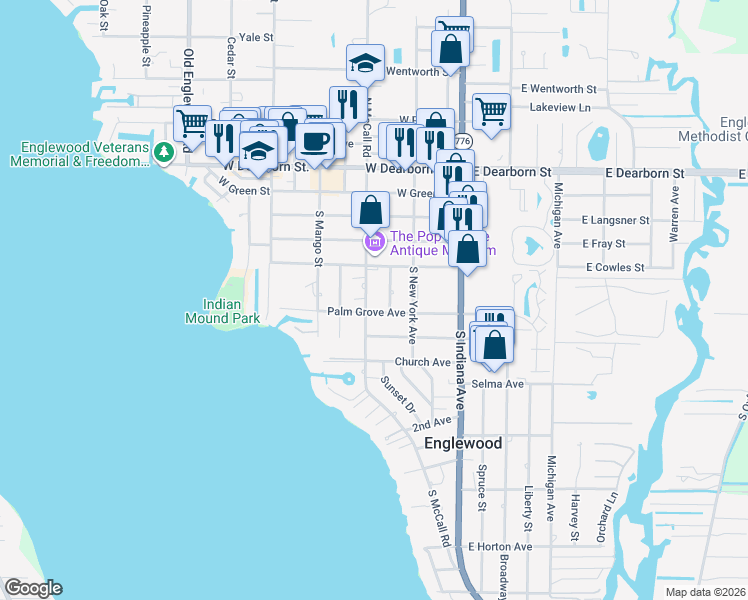 map of restaurants, bars, coffee shops, grocery stores, and more near 224 Palm Grove Avenue in Englewood