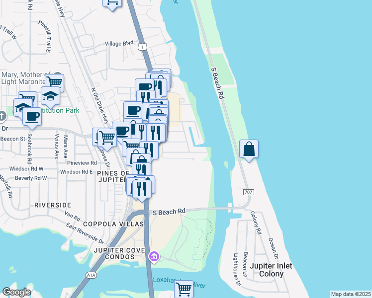 map of restaurants, bars, coffee shops, grocery stores, and more near 19079 Basin Street in Jupiter