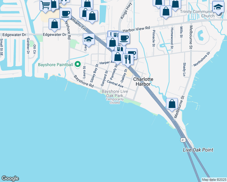 map of restaurants, bars, coffee shops, grocery stores, and more near 23078 Bayshore Road in Port Charlotte