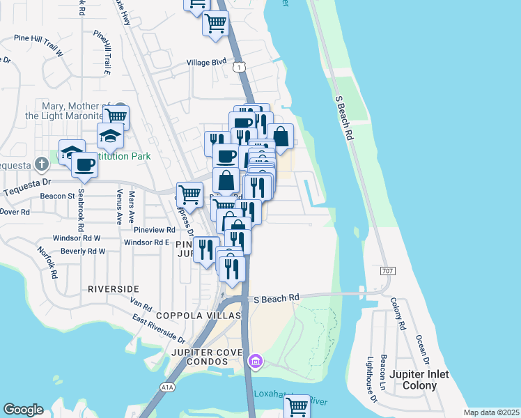 map of restaurants, bars, coffee shops, grocery stores, and more near South U.S. Highway 1 in Tequesta