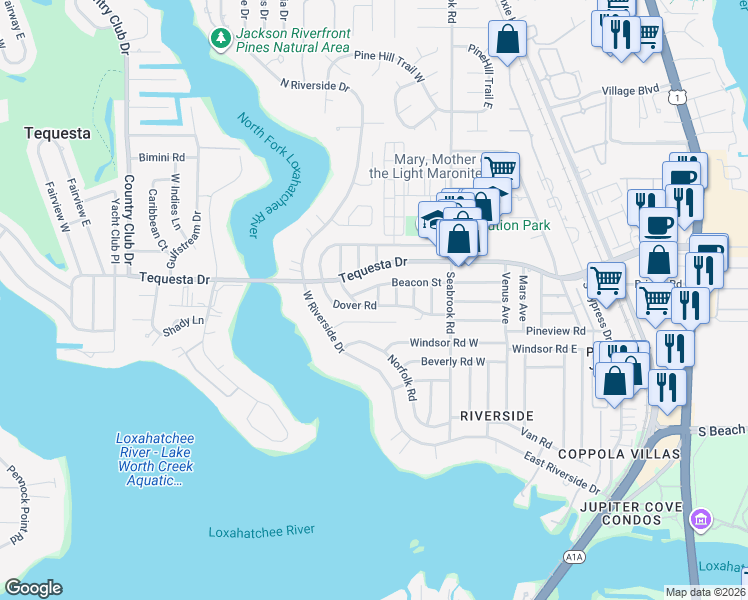 map of restaurants, bars, coffee shops, grocery stores, and more near 363 Maple Avenue in Jupiter