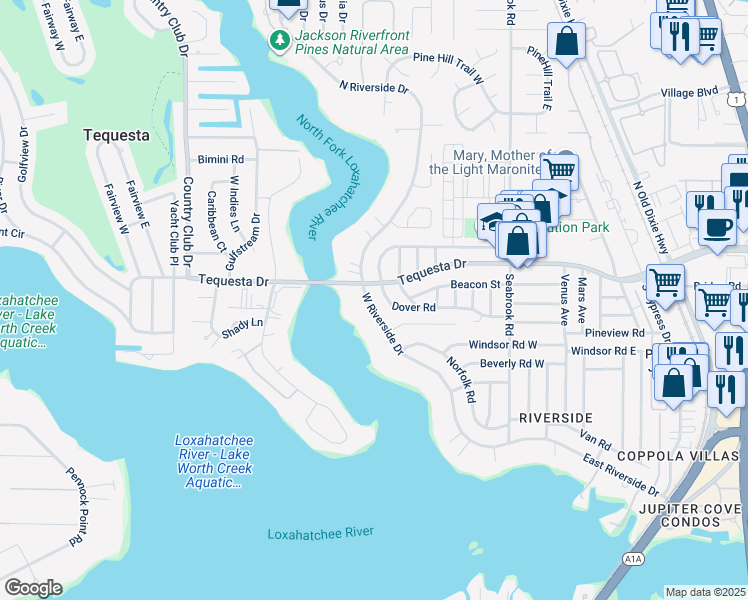 map of restaurants, bars, coffee shops, grocery stores, and more near 367 West Riverside Drive in Tequesta