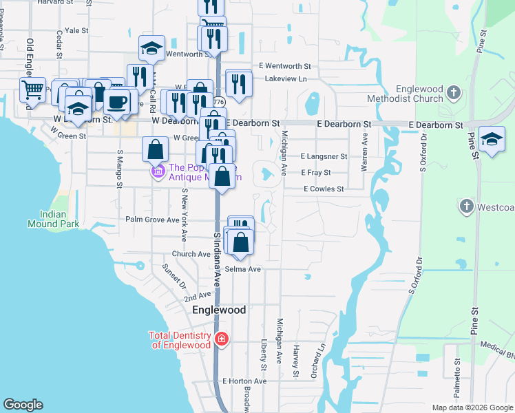 map of restaurants, bars, coffee shops, grocery stores, and more near 10 Quails Run Boulevard in Englewood