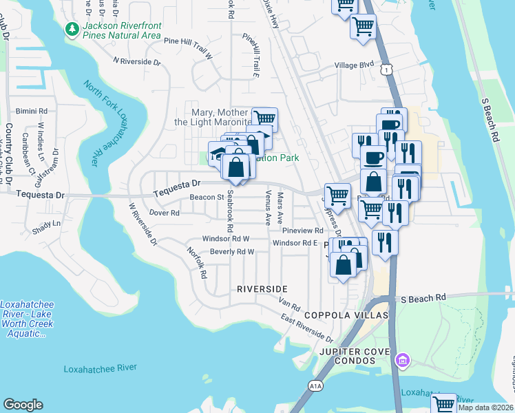 map of restaurants, bars, coffee shops, grocery stores, and more near 367 Beacon Street in Jupiter