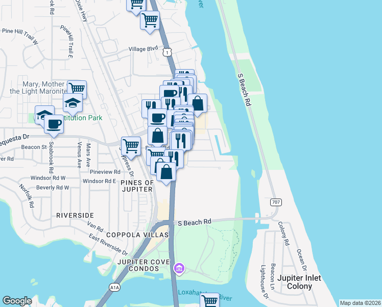 map of restaurants, bars, coffee shops, grocery stores, and more near 3393 Pebble Place in Jupiter