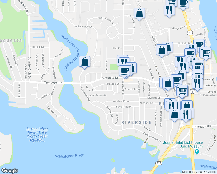 map of restaurants, bars, coffee shops, grocery stores, and more near 366 Elm Avenue in Jupiter