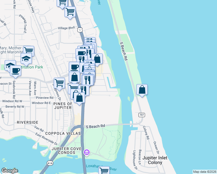 map of restaurants, bars, coffee shops, grocery stores, and more near 19135 Basin Street in Tequesta