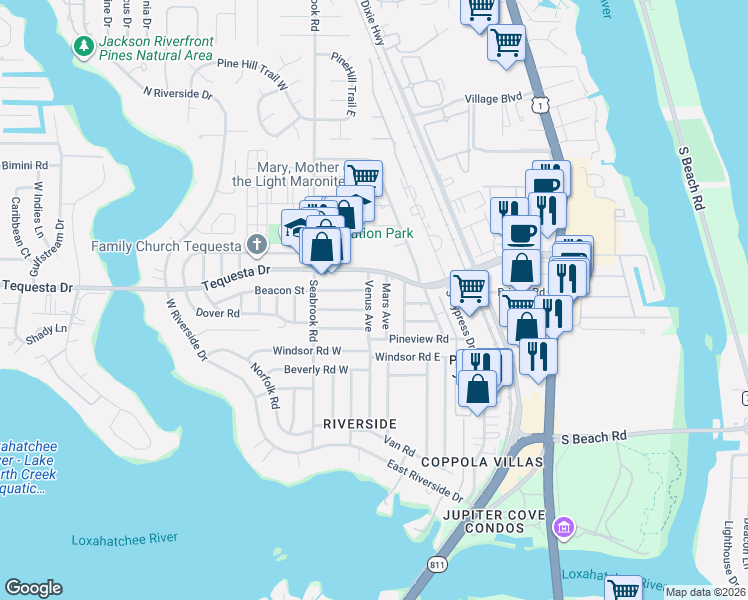 map of restaurants, bars, coffee shops, grocery stores, and more near 367 Mars Avenue in Tequesta