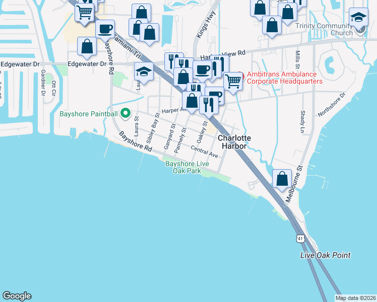 map of restaurants, bars, coffee shops, grocery stores, and more near 23083 Central Avenue in Port Charlotte