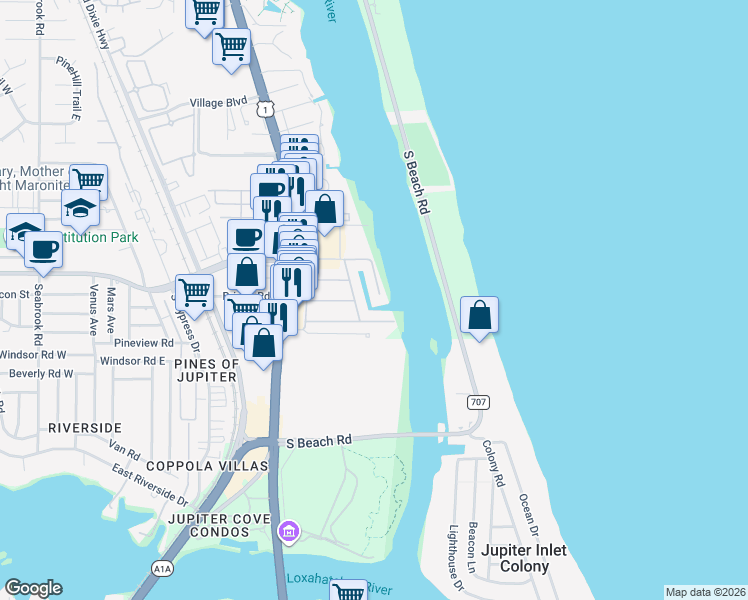 map of restaurants, bars, coffee shops, grocery stores, and more near 19140 Waterway Road in Jupiter