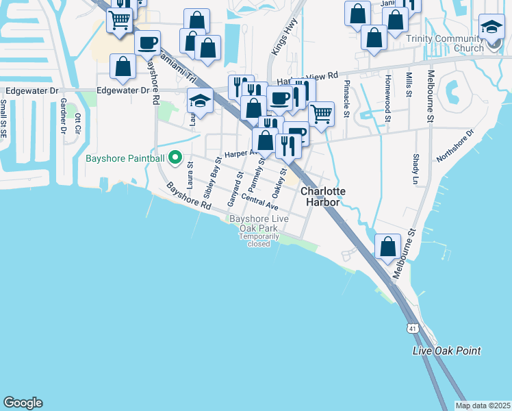 map of restaurants, bars, coffee shops, grocery stores, and more near 23083 Central Avenue in Port Charlotte