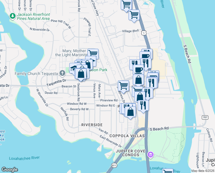 map of restaurants, bars, coffee shops, grocery stores, and more near 320 Tequesta Drive in Jupiter