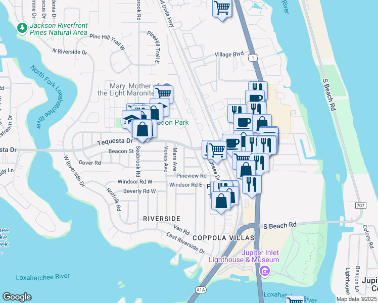 map of restaurants, bars, coffee shops, grocery stores, and more near 320 Tequesta Drive in Jupiter