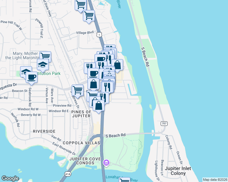 map of restaurants, bars, coffee shops, grocery stores, and more near 3393 Pebble Place in Jupiter
