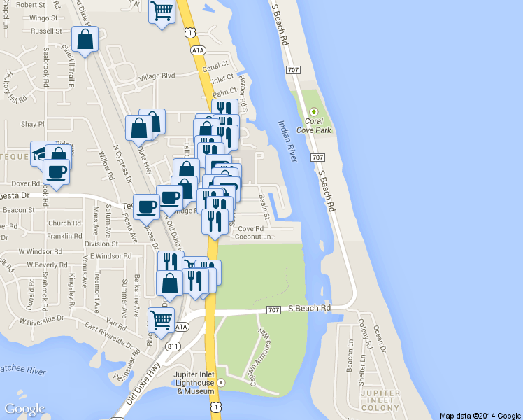 map of restaurants, bars, coffee shops, grocery stores, and more near 19135 Basin Street in Tequesta