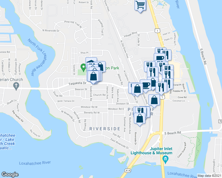 map of restaurants, bars, coffee shops, grocery stores, and more near 367 Mars Avenue in Tequesta