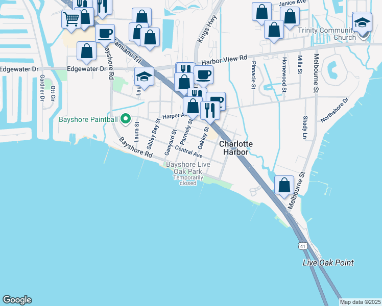 map of restaurants, bars, coffee shops, grocery stores, and more near 23083 Central Avenue in Port Charlotte