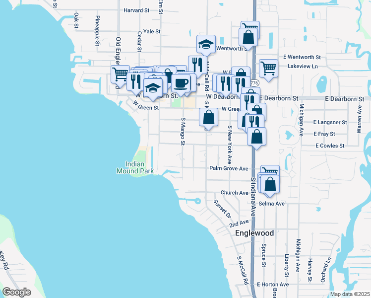 map of restaurants, bars, coffee shops, grocery stores, and more near 225 South Mango Street in Englewood