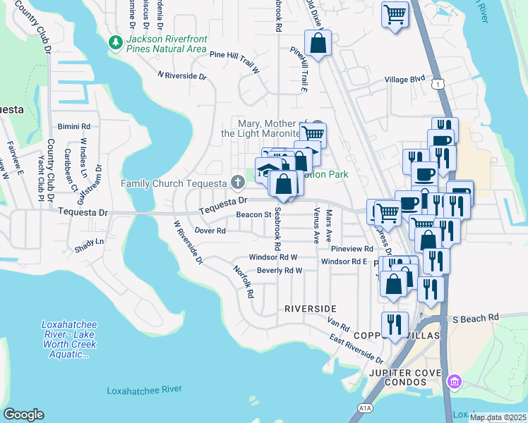 map of restaurants, bars, coffee shops, grocery stores, and more near 395 Beacon Street in Jupiter