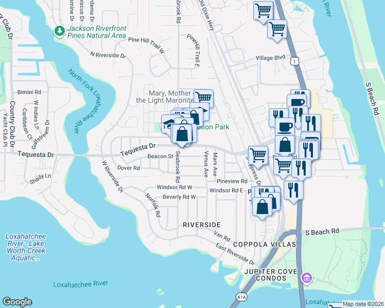 map of restaurants, bars, coffee shops, grocery stores, and more near 367 Beacon Street in Jupiter