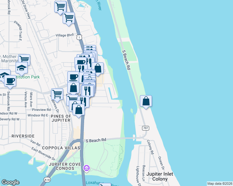 map of restaurants, bars, coffee shops, grocery stores, and more near 19140 Waterway Road in Jupiter