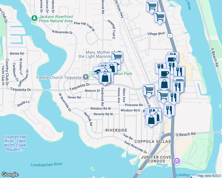 map of restaurants, bars, coffee shops, grocery stores, and more near 367 Beacon Street in Jupiter