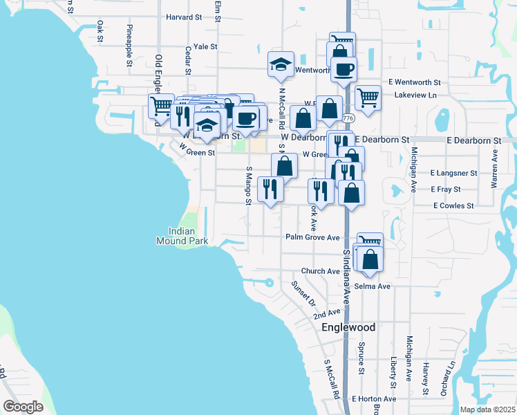 map of restaurants, bars, coffee shops, grocery stores, and more near 225 South Mango Street in Englewood