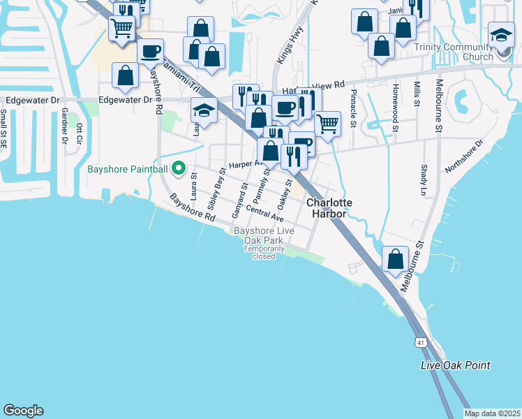 map of restaurants, bars, coffee shops, grocery stores, and more near 23083 Central Avenue in Port Charlotte