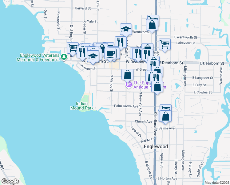 map of restaurants, bars, coffee shops, grocery stores, and more near 251 West Cowles Street in Englewood